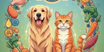AAFCO 2026 guidelines logo with healthy dog and cat eating pet food