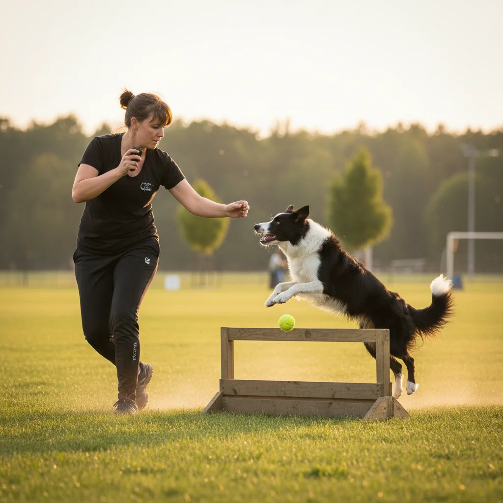 Trainer demonstrating advanced clicker training with border collie