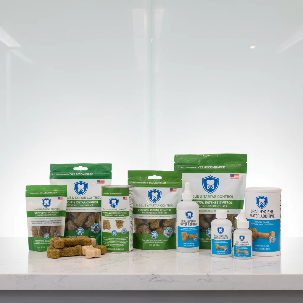 Variety of vet-recommended dental chews and water additives for pets