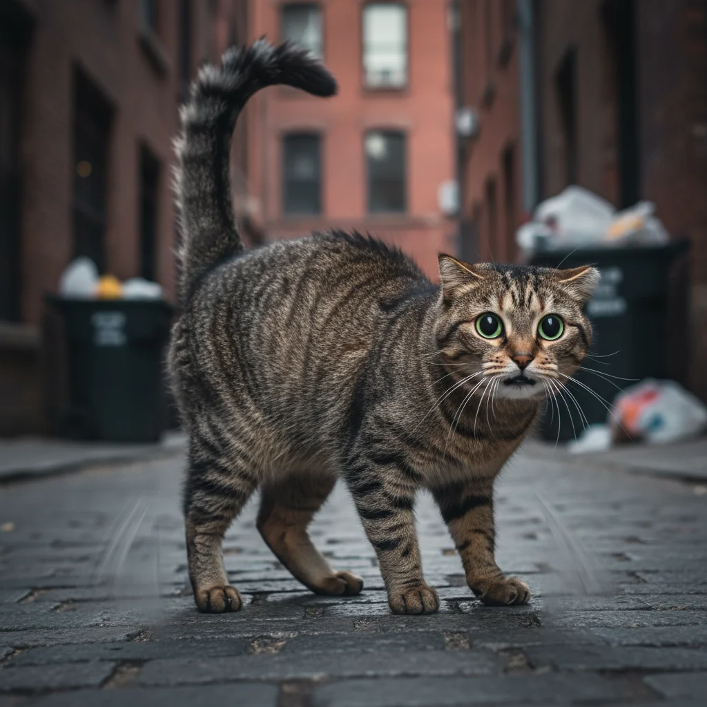 Aggressive cat with arched back and puffed fur, showing defensive posture.