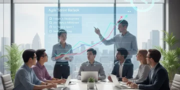 Diverse team collaborating on Agile project in modern office