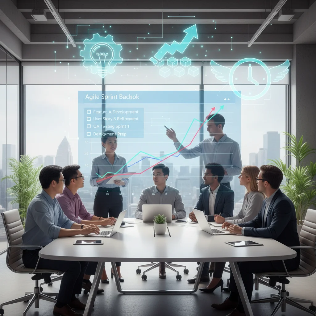 Diverse team collaborating on Agile project in modern office