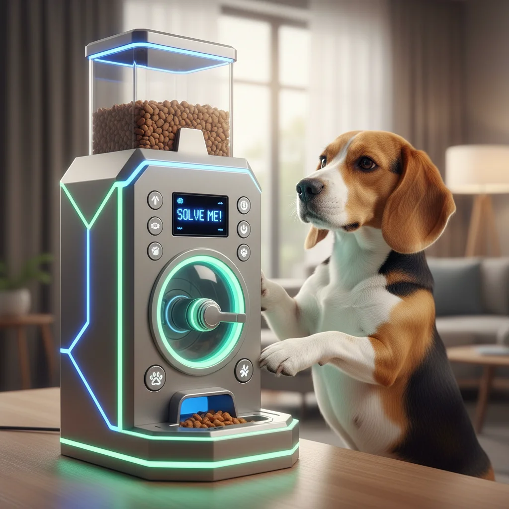 Dog interacting with an AI-powered treat dispenser puzzle.
