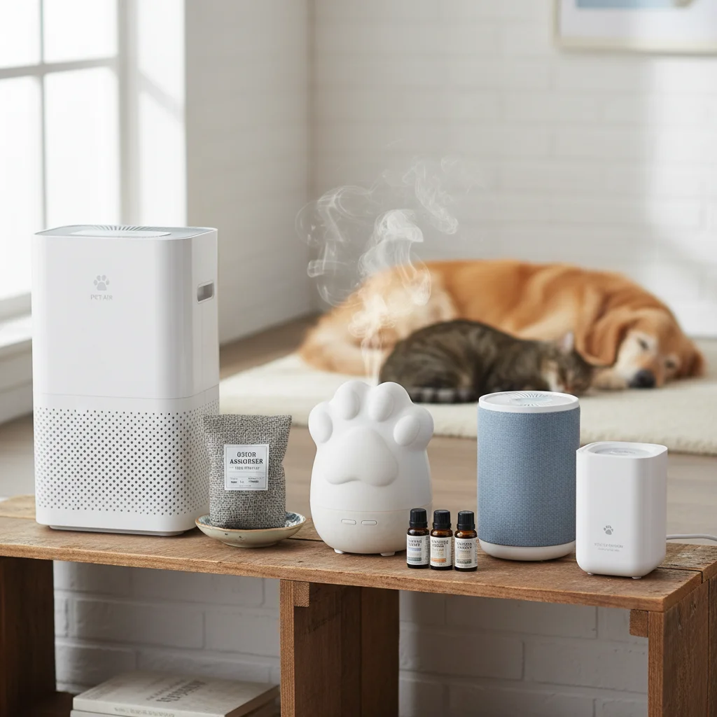 Assortment of air purifiers and diffusers for pet odor control.