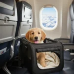 Small dog comfortably inside an airline-approved pet carrier under an airplane seat, ready for air travel.