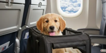 Pet Carrier for Air Travel 2026: FAA Guidelines & Top Picks Small dog comfortably inside an airline-approved pet carrier under an airplane seat, ready for air travel.