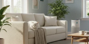 A clean, inviting living room designed for pet allergy sufferers, featuring a cat on a hypoallergenic couch and an air purifier.