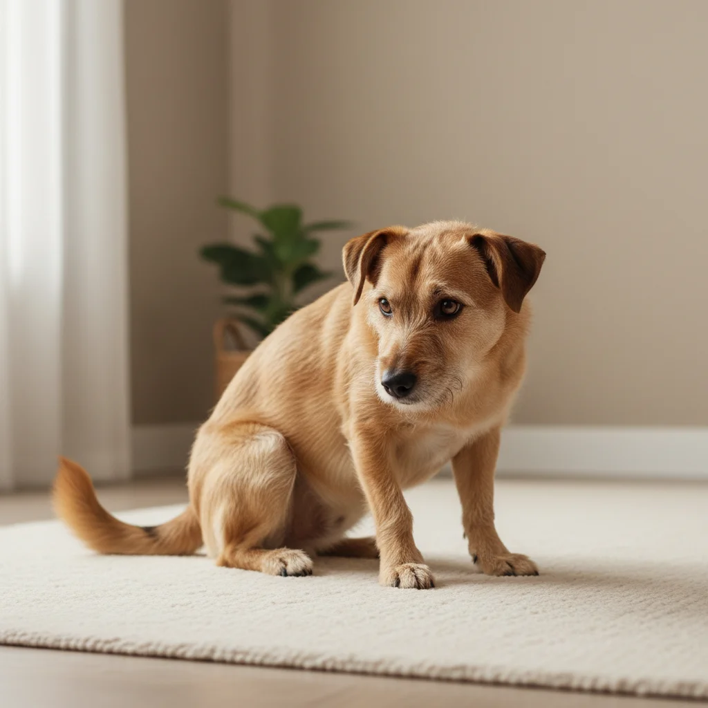 Anxious dog with tucked tail and flattened ears showing fear signals.