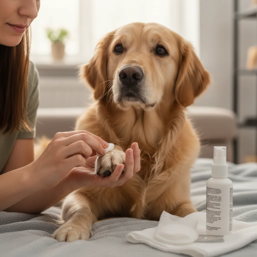 Pet owner applying antiseptic to dog's paw