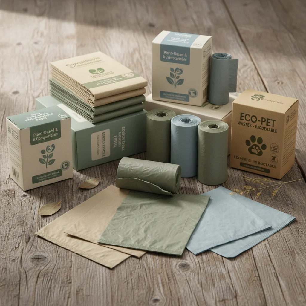 Assortment of biodegradable pet waste bags on wooden surface