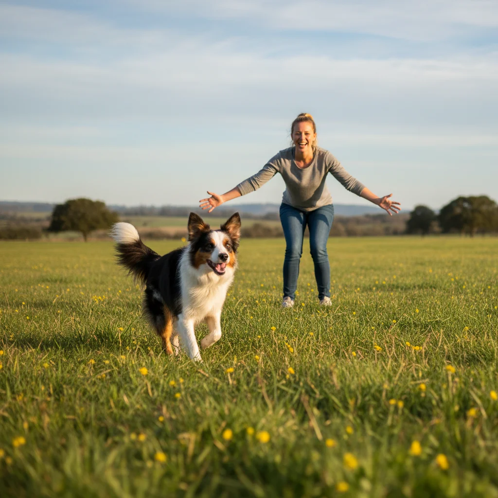 Border collie happily responding to 'come' command in a field