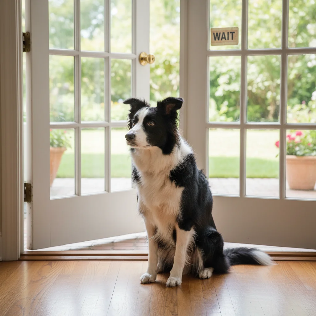 Border collie patiently waiting at an open doorway for permission to enter