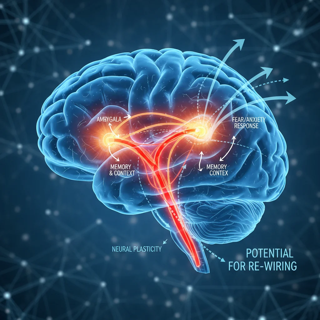 Brain illustration showing neural pathways of fear and anxiety.