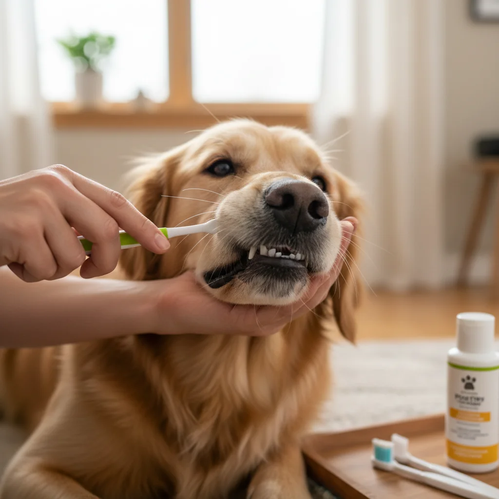 Person brushing a dog's teeth gently and effectively