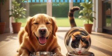 Happy dog and cat eating budget-friendly, high-quality pet food