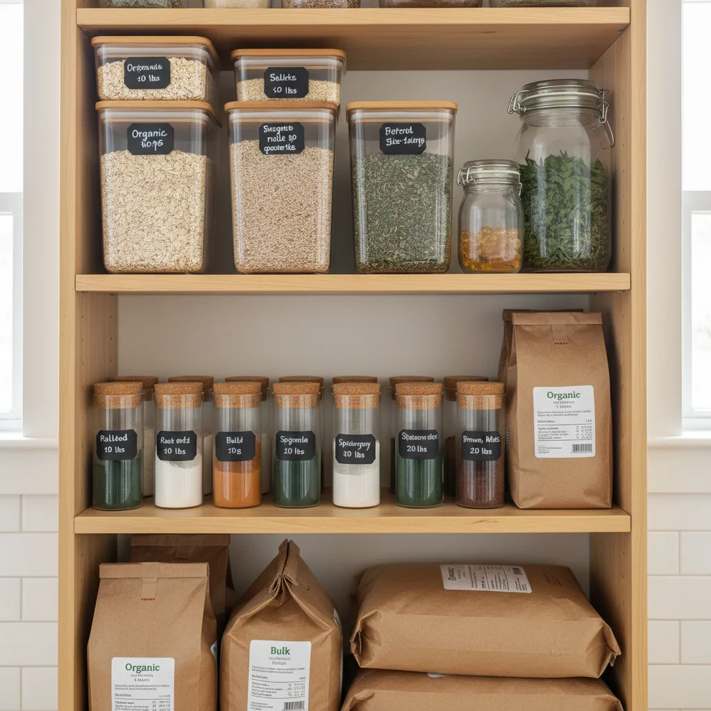Organized pantry with bulk pet food ingredients in airtight containers.