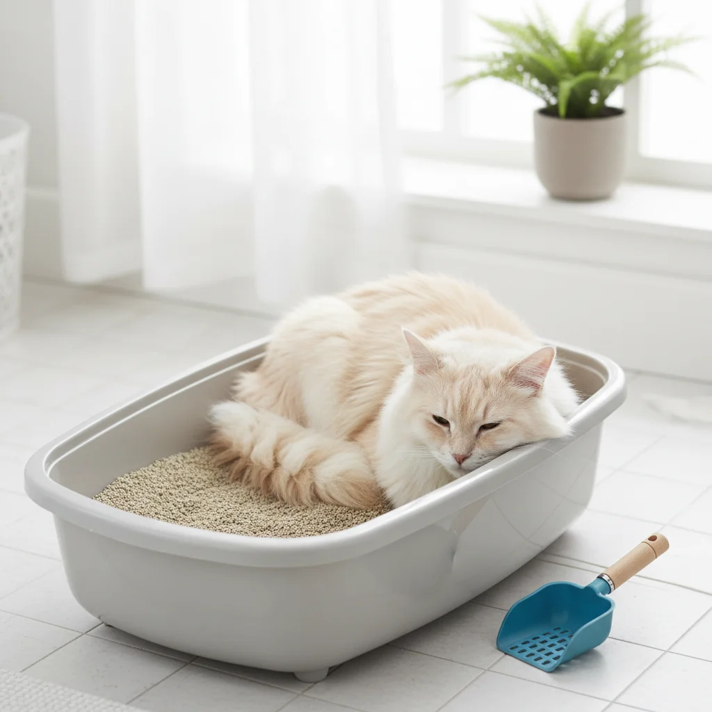 Calm domestic longhair cat resting in a clean litter box, demonstrating proper use.