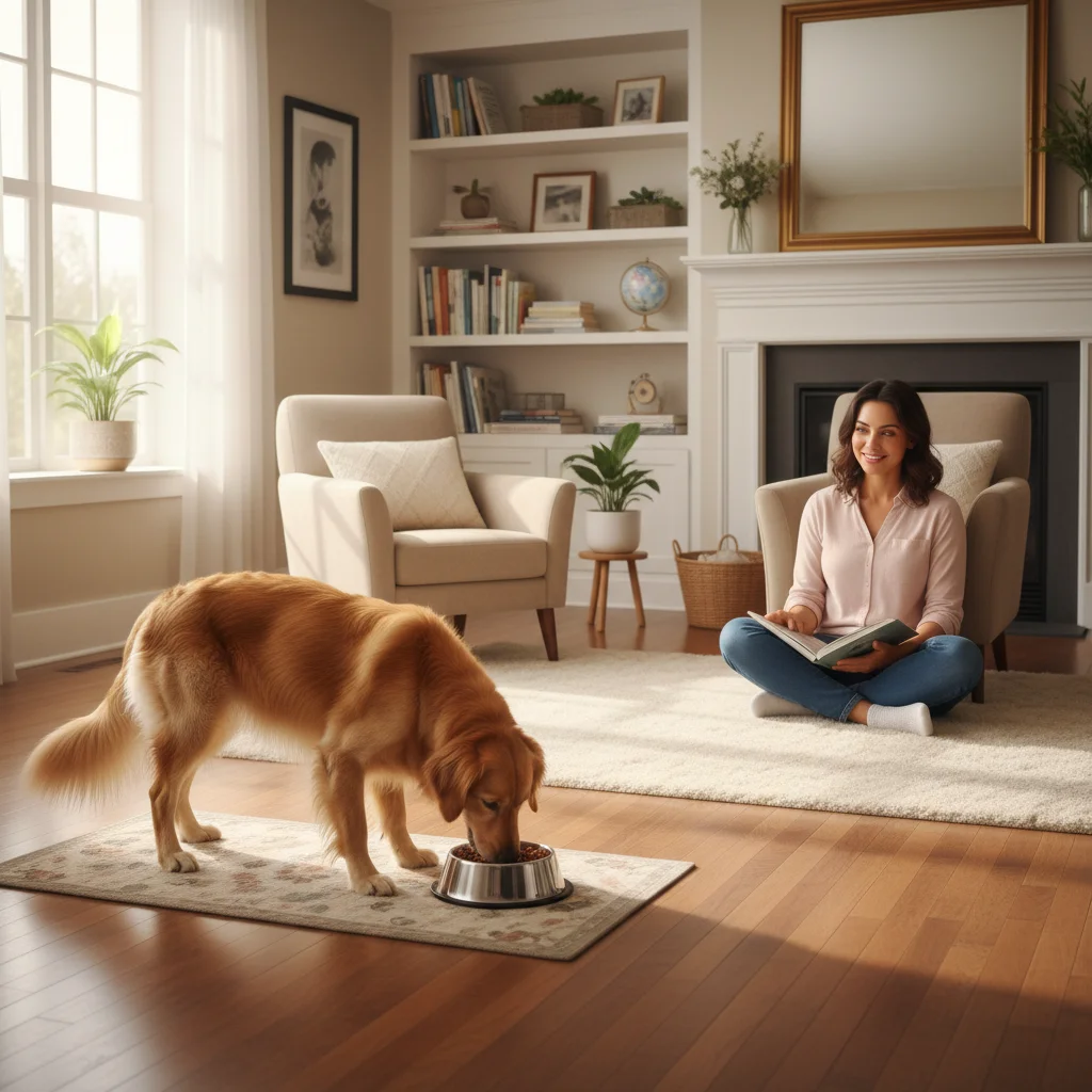 Dog calmly eating, person observing from distance, counter-conditioning
