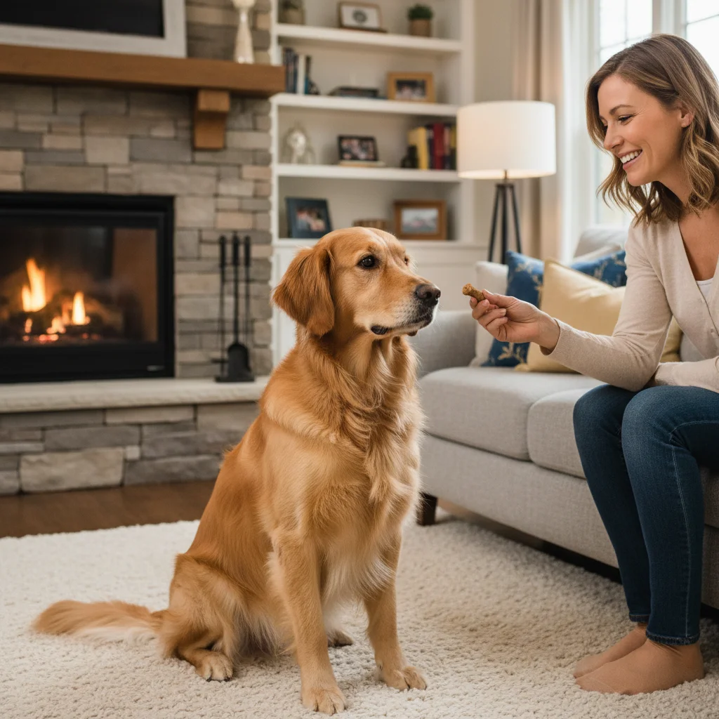 Golden retriever calmly waiting for a treat, demonstrating good impulse control