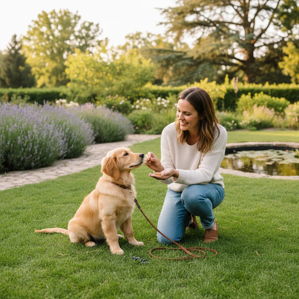Well-behaved puppy receiving a treat for good behavior.