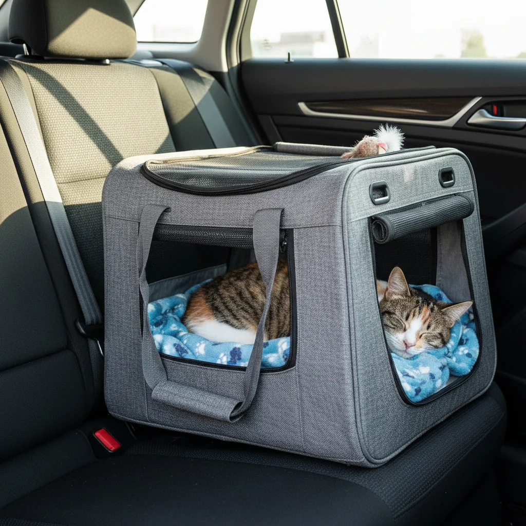 Comfortable cat in secured soft-sided travel carrier in car