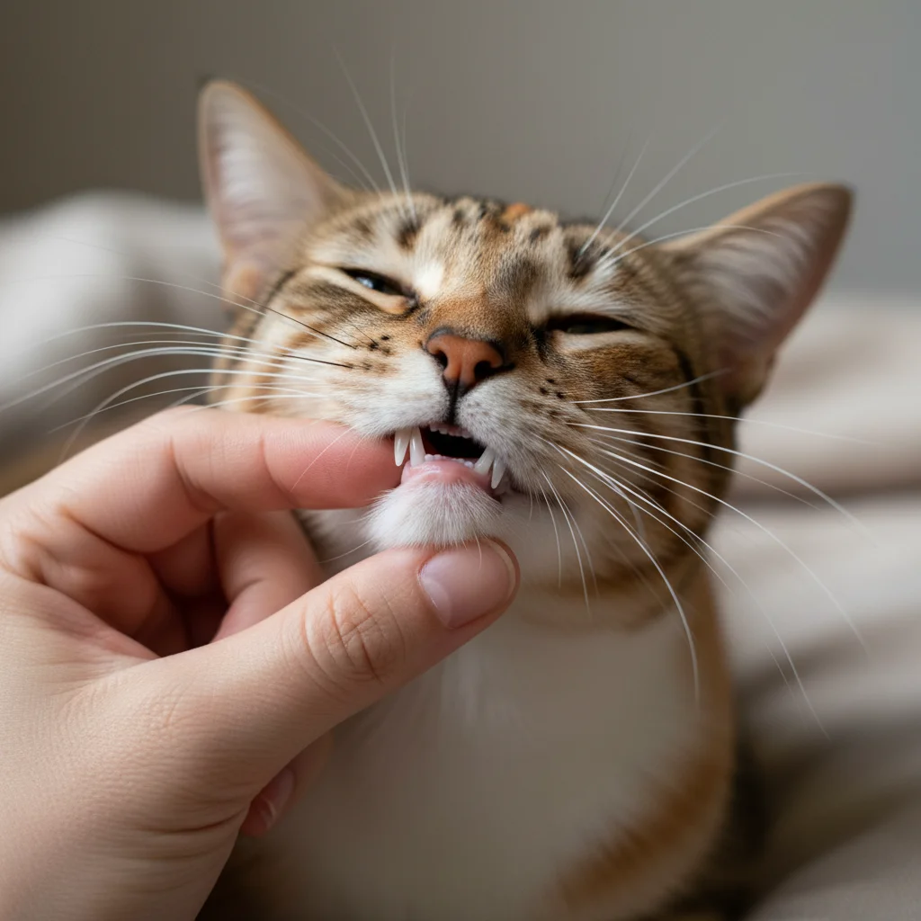 Close-up of cat's teeth and gums during wellness check