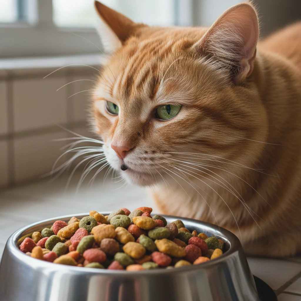Cat sniffing food and turning away, showing disinterest