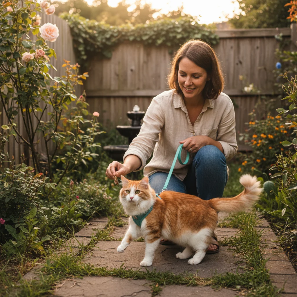 Cat taking first steps on leash with owner encouragement