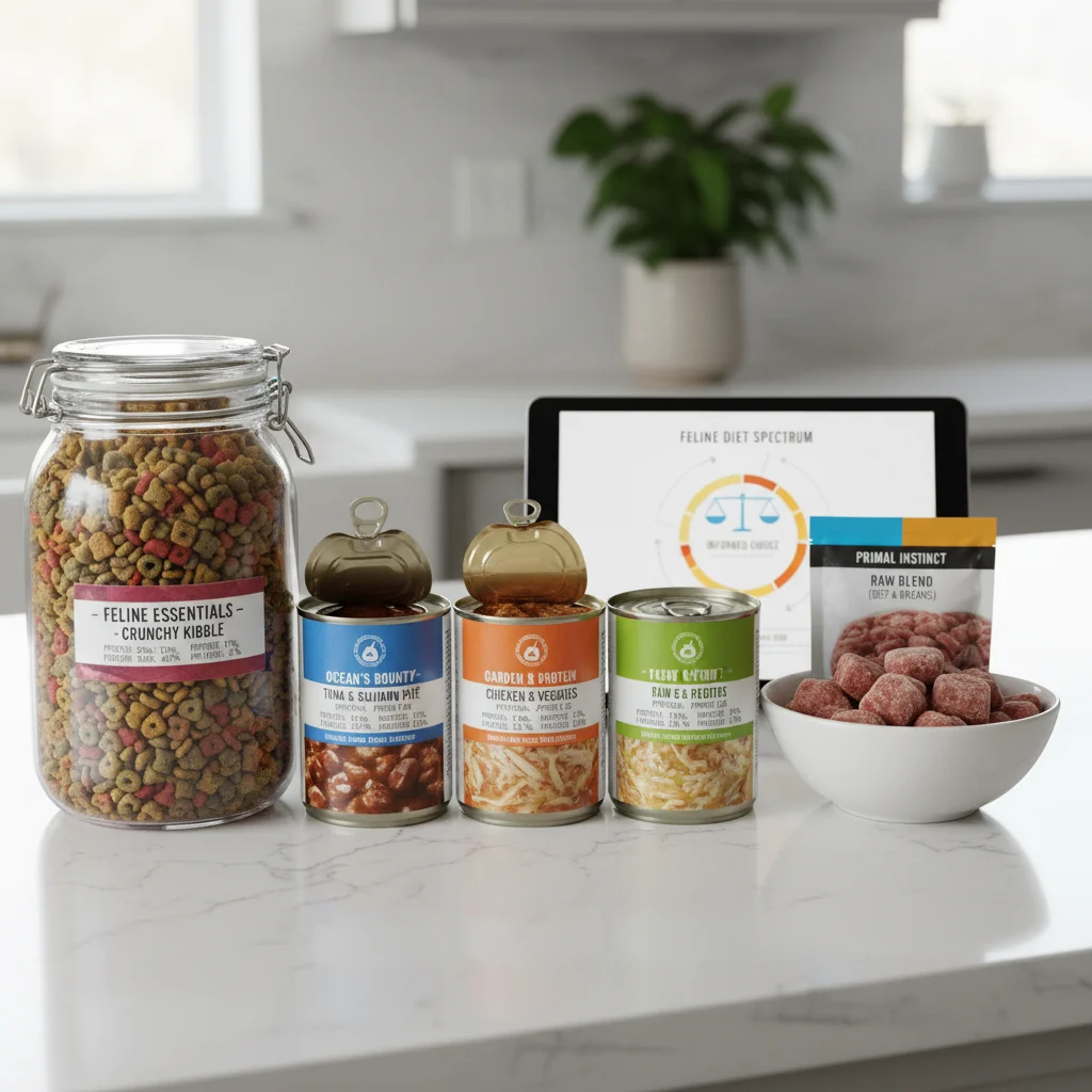 Assortment of cat food types: kibble, wet, and raw, highlighting dietary choices.
