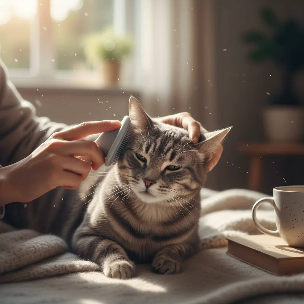 Person grooming a cat, fostering bonding and routine.