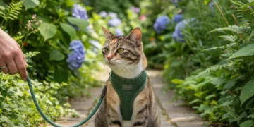 Mastering Cat Leash Training: A Comprehensive Guide for Happy Outdoor Adventures Cat wearing harness and leash in garden, ready for walk