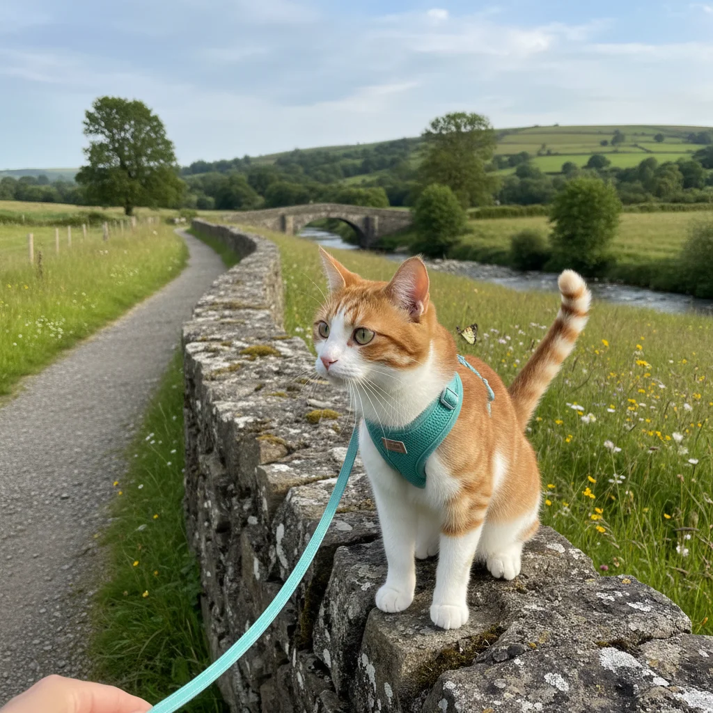 Cat on a leash exploring a new outdoor environment calmly.
