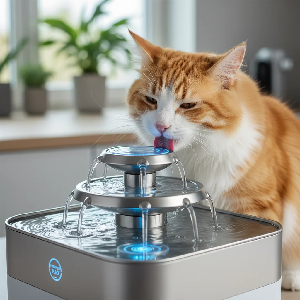 Cat drinking from a modern pet water fountain for increased hydration
