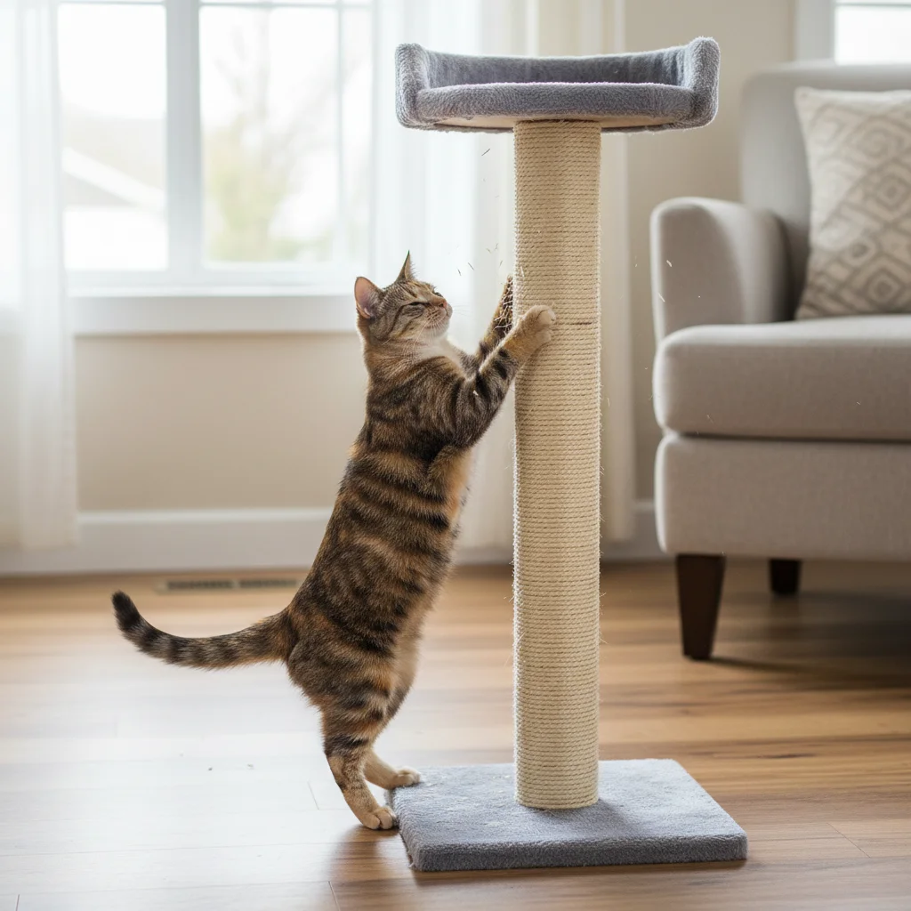 Cat happily scratching a tall, sturdy scratching post, promoting good behavior.