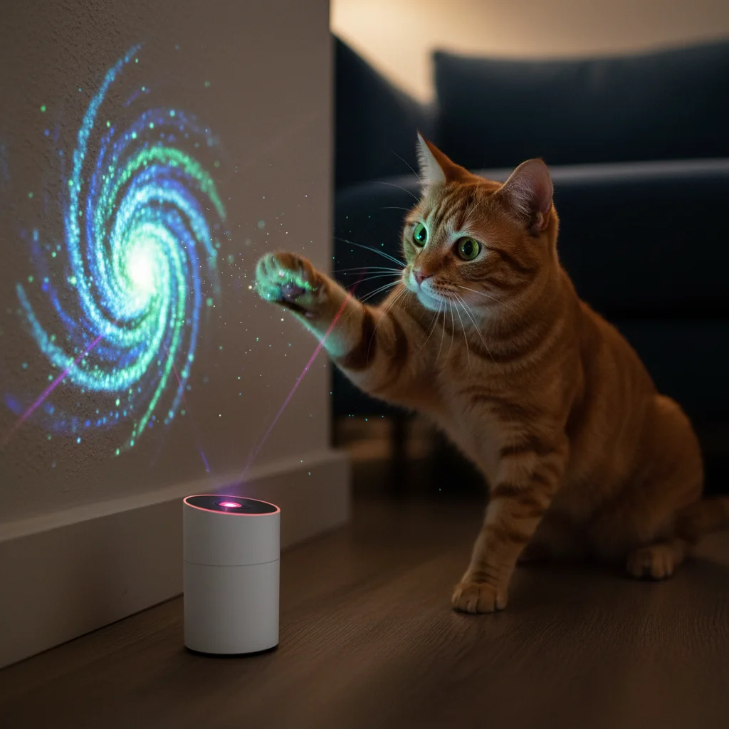 Cat playing intensely with a smart laser interactive toy