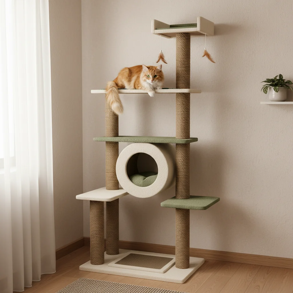 Cat resting on a multi-level cat tree in a small room, utilizing vertical space
