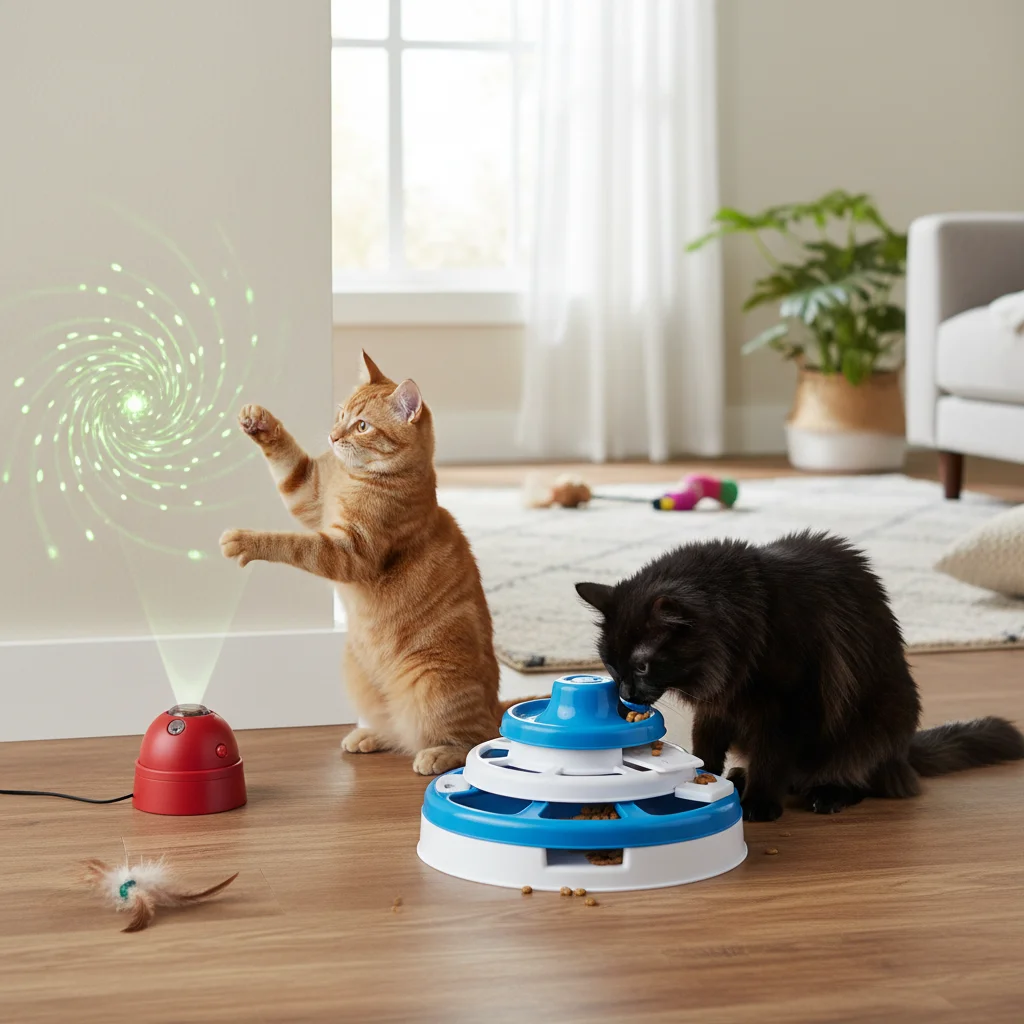 Cats playing with interactive laser and multi-level puzzle feeder.
