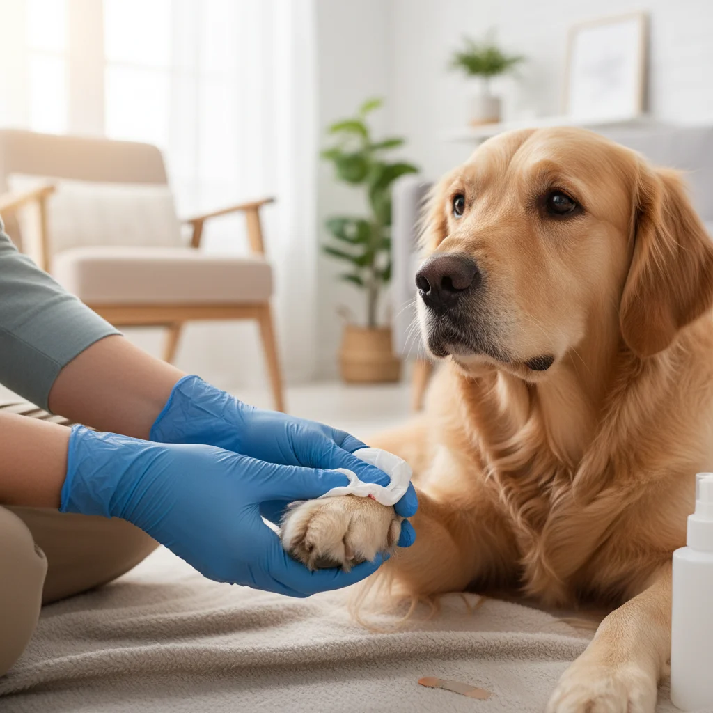 Pet owner cleaning a dog's minor paw wound with antiseptic wipes from a first aid kit.