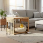 Comfortable pet crate with bed in modern living room