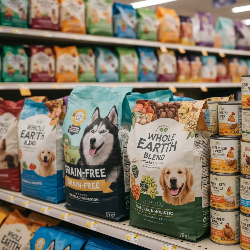 Assortment of commercial pet food products, highlighting marketing claims