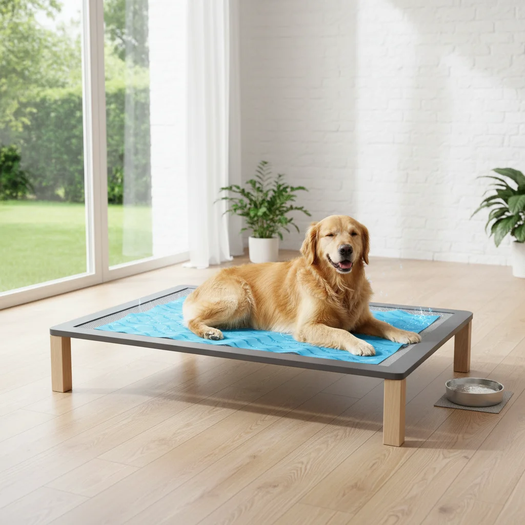 Elevated pet bed with integrated cooling gel technology, providing a cool and comfortable resting spot for a dog.