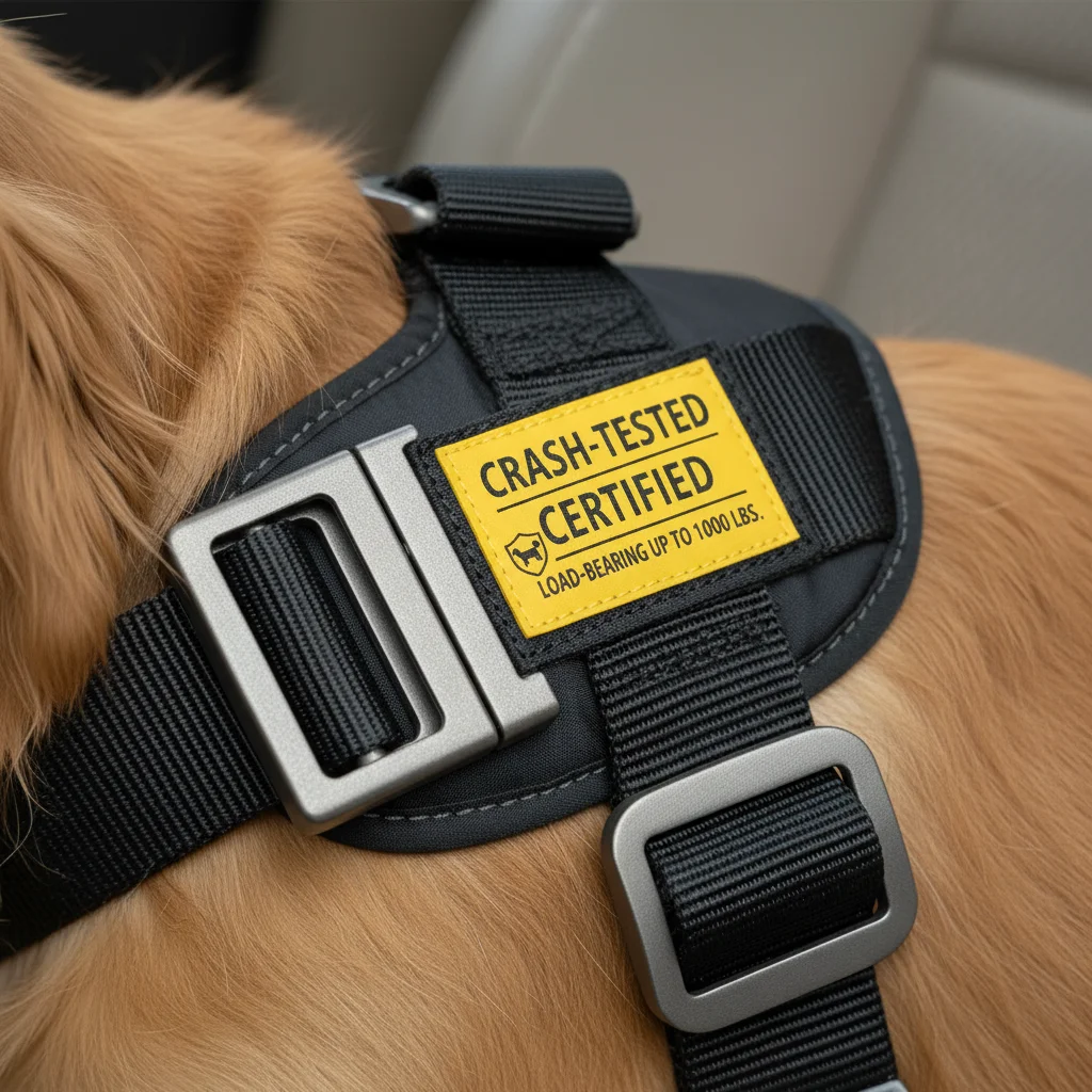 Close-up of crash-tested pet harness buckle and certification