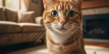 Orange tabby cat looking curiously at the camera, symbolizing understanding cat behavior.