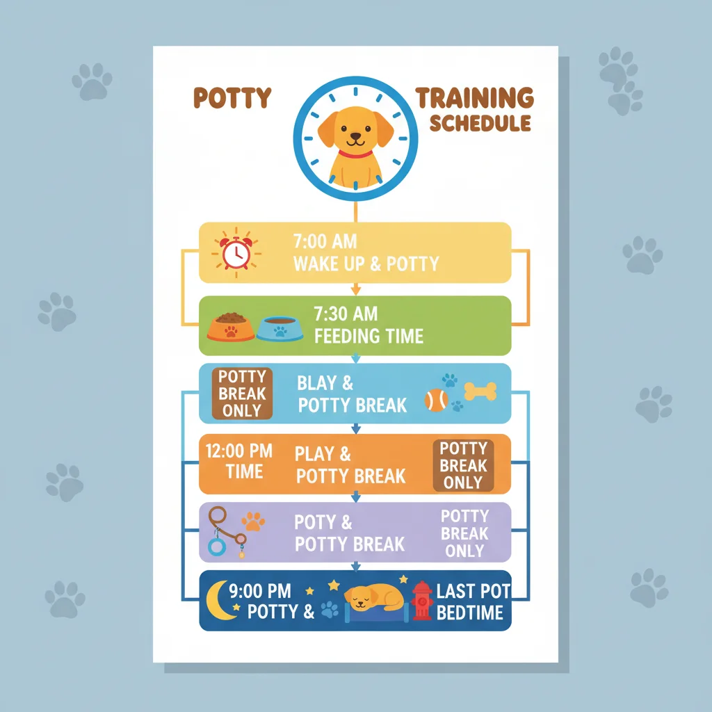 Daily pet potty training schedule with icons for activities.