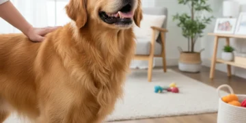 Golden retriever on a digital pet scale, owner's hand on its back, symbolizing daily pet weight monitoring for health.