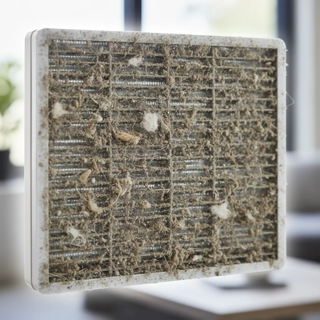 Close-up of a dirty air purifier filter, full of dust and pet allergens.