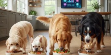 Diverse dog breeds eating specialized, breed-specific food from individual bowls, promoting optimal health and well-being.