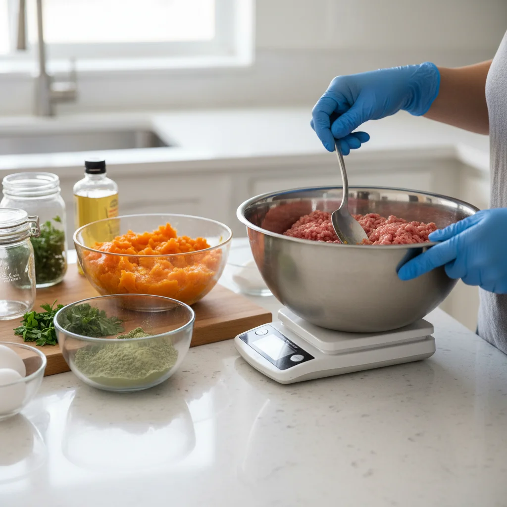Person preparing homemade pet food, weighing raw ingredients for a balanced diet.