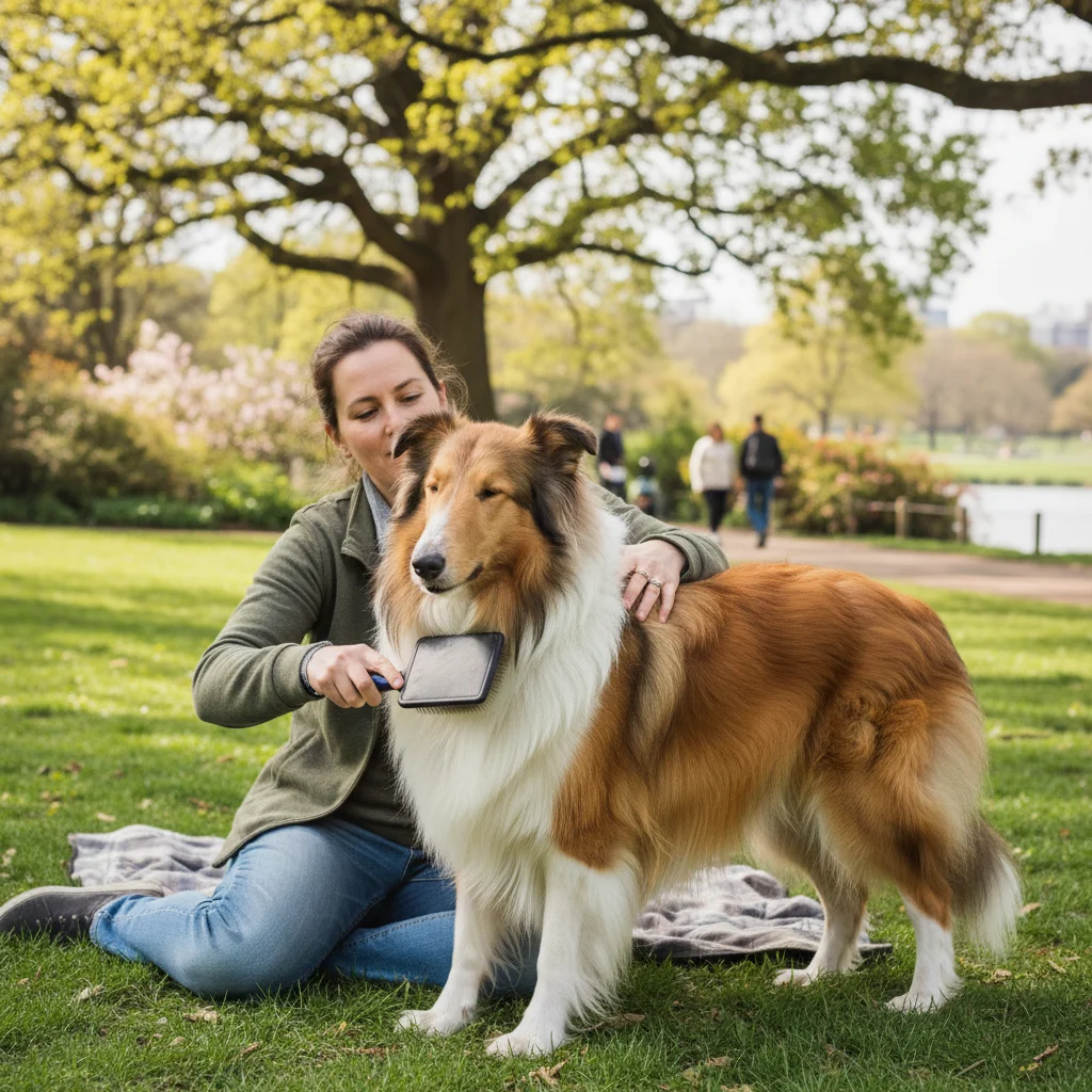 Owner brushing a long-haired collie in a park, showing proper grooming technique and bond.