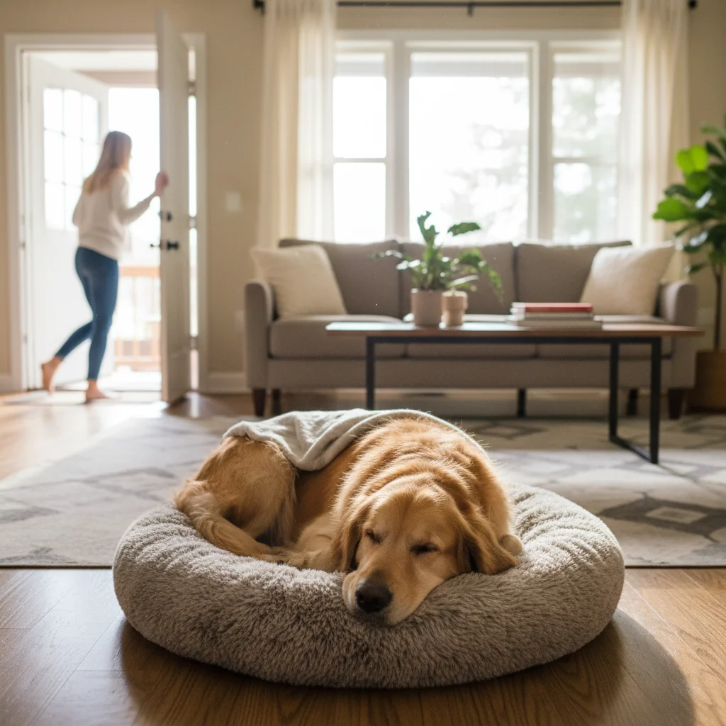 Relaxed dog on bed during gradual departure training, owner leaving.